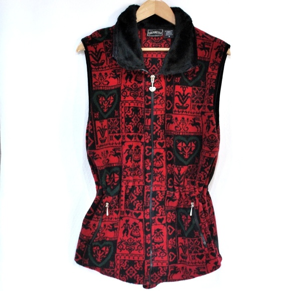 Obermeyer German Print Fleece Zip Vest Red Black - Picture 1 of 6
